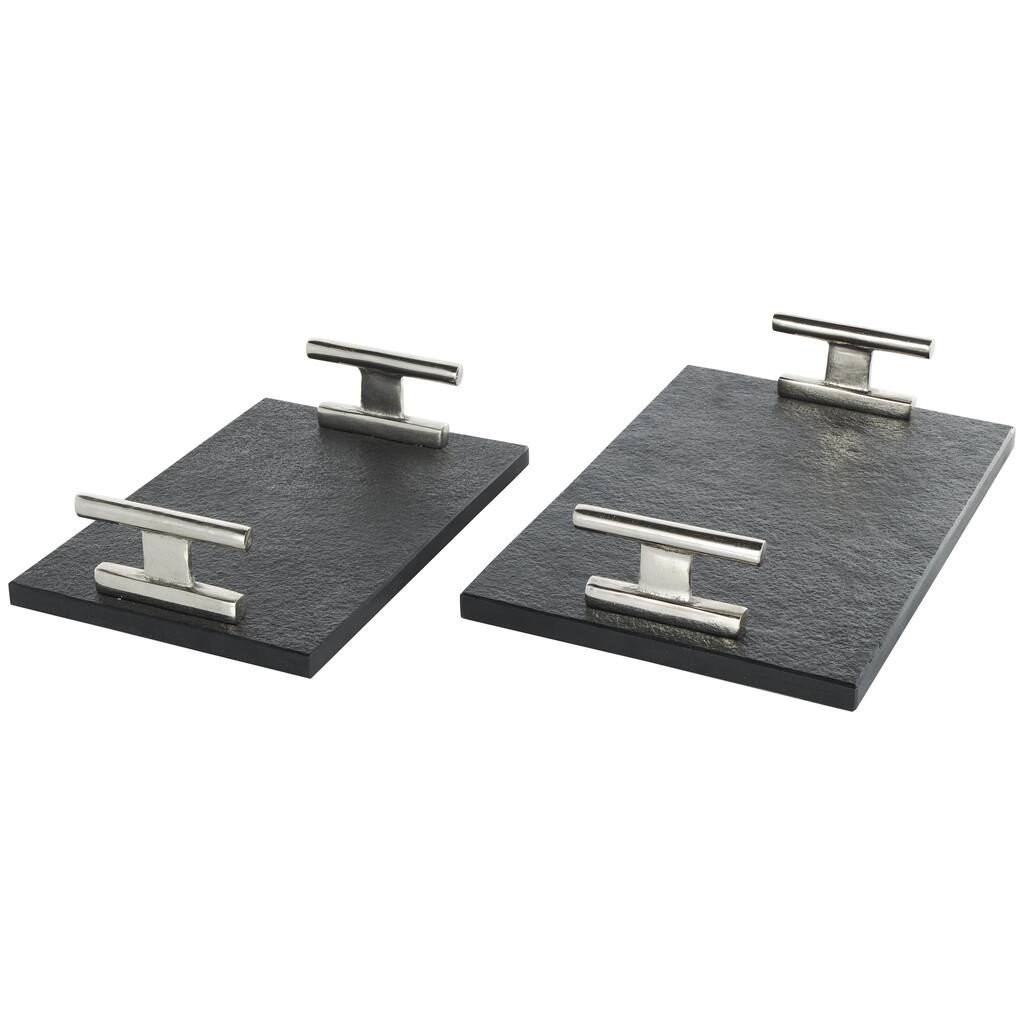 Marble Textured Living Room Decor Tray with Rod Handles - Set of 2 Black - Roche River Decor