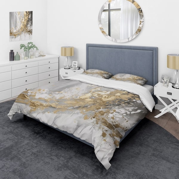 slide 2 of 7, Designart "Gold and White Colliding Abstract" White Modern - Bed Cover Set With Shams