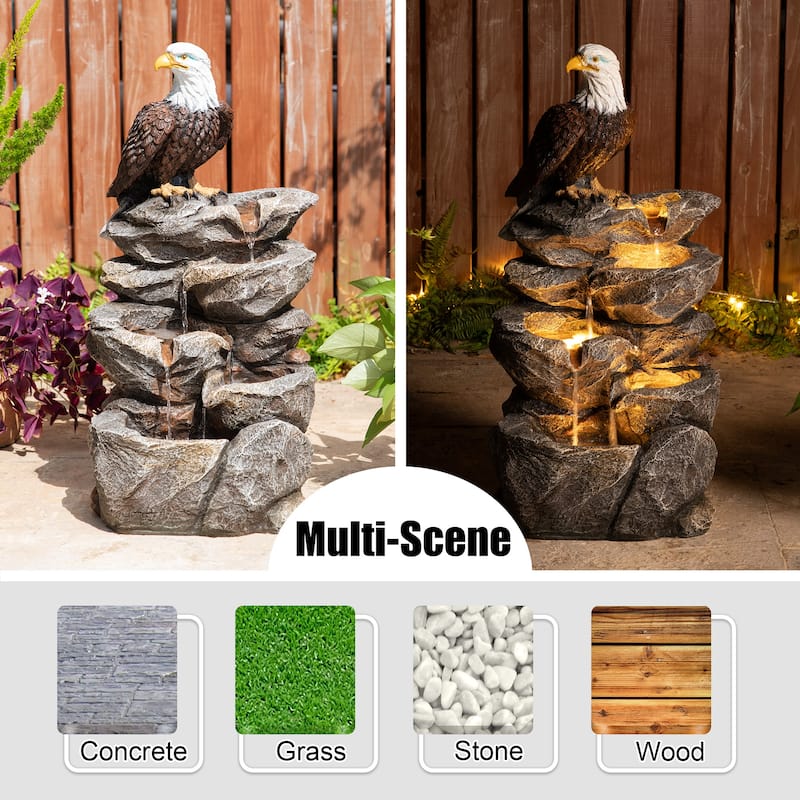 Glitzhome 25.25"H 4-Tiered Polyresin Eagel Stone Outdoor Fountain with Lights