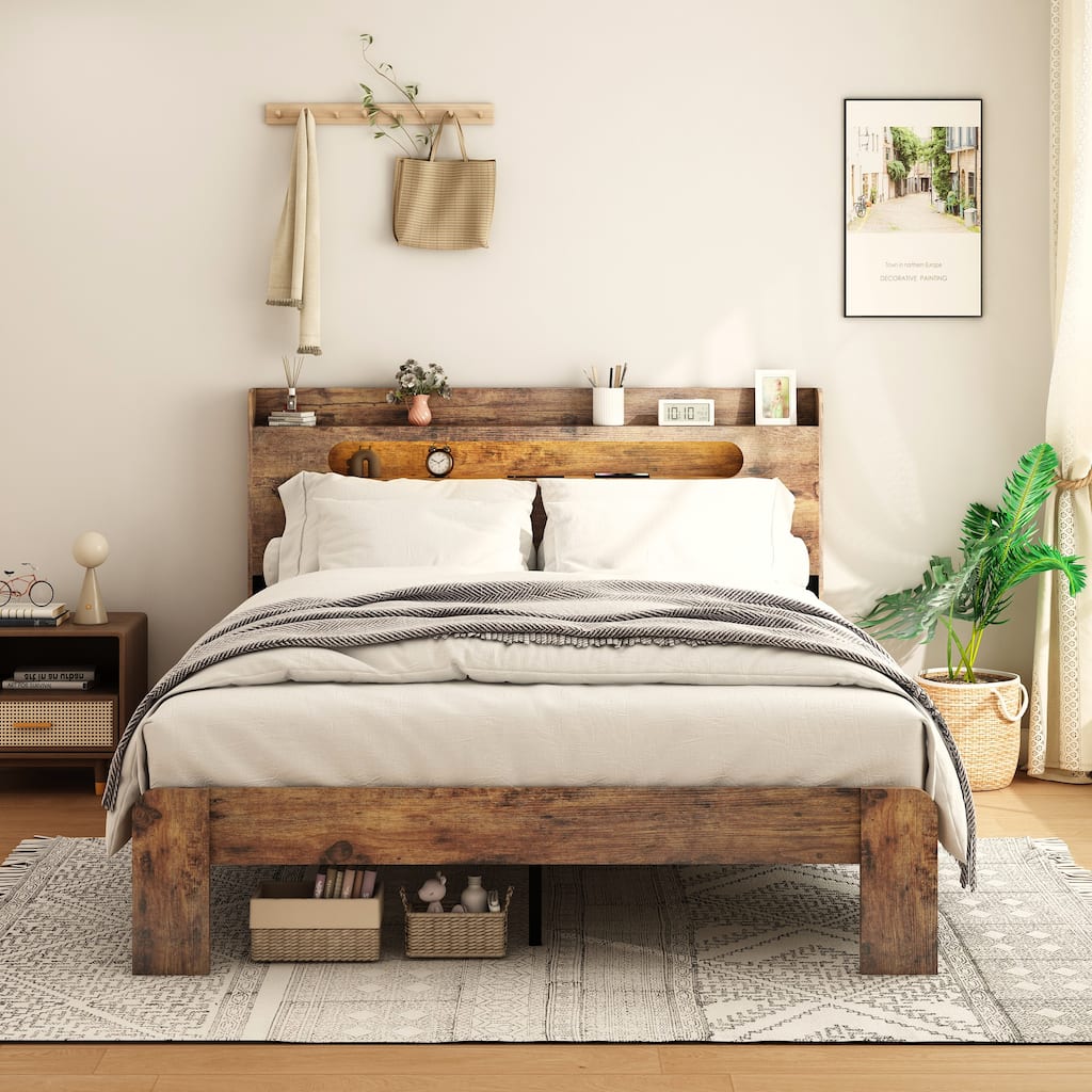 Bed Frame Queen Size, Wood Platform Bed Frame with Storage LED Light Headboard and 2 USB, Noise Free, Large Under Bed Storage