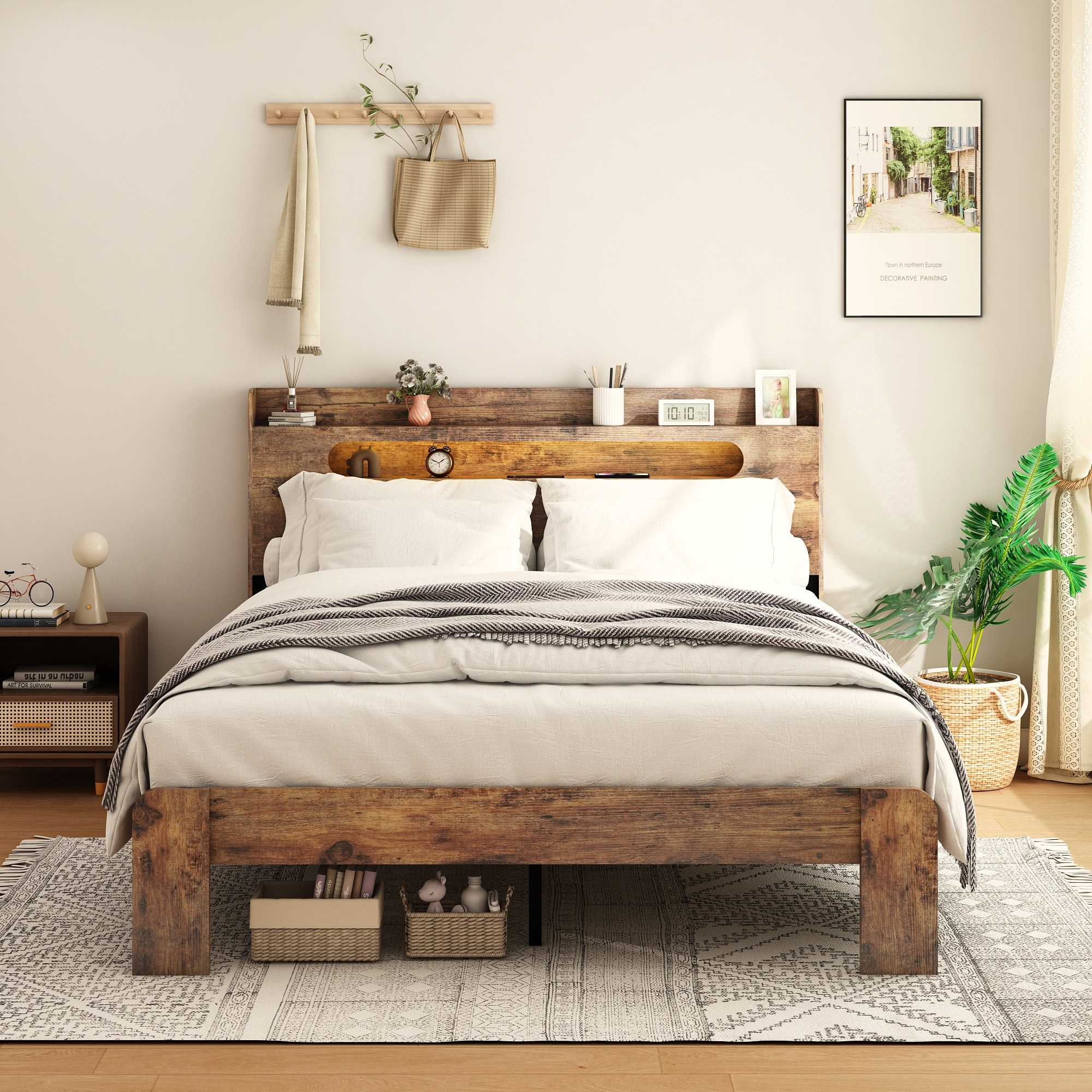 Queen Size Wood Platform Bed Frame Storage LED Headboard 2 USB Ports Noise-Free No Box Spring Easy Assembly Under Bed Storage