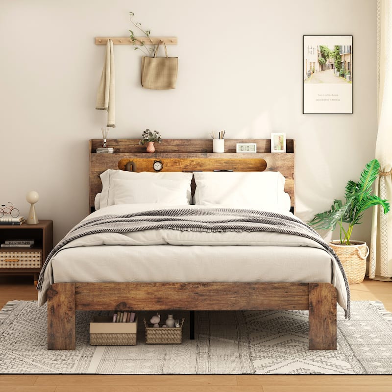 Wood Bed, Low Profile Platform Bed Frame with Storage Headboard Built-in LED Light and Charging Station