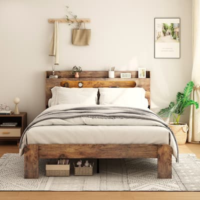 bed Frame King Size, Wood Platform bed Frame with Storage LED Light Headboard and 2 USB , Noise Free