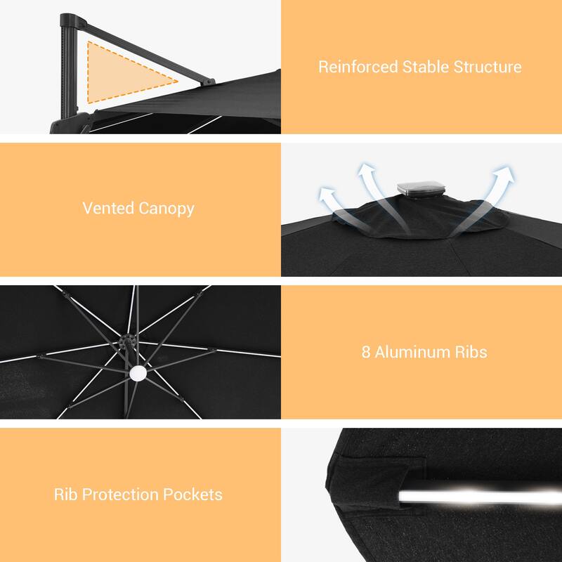 BONOSUKI 11ft LED Aluminum Patio Cantilever Offset Umbrella with Base