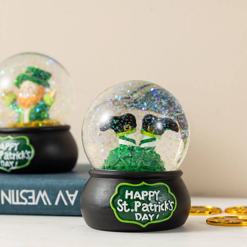 Glitzhome 3.5"H Set of 2 65mm St.Patrick's Resin Leprechaun Waterglobes