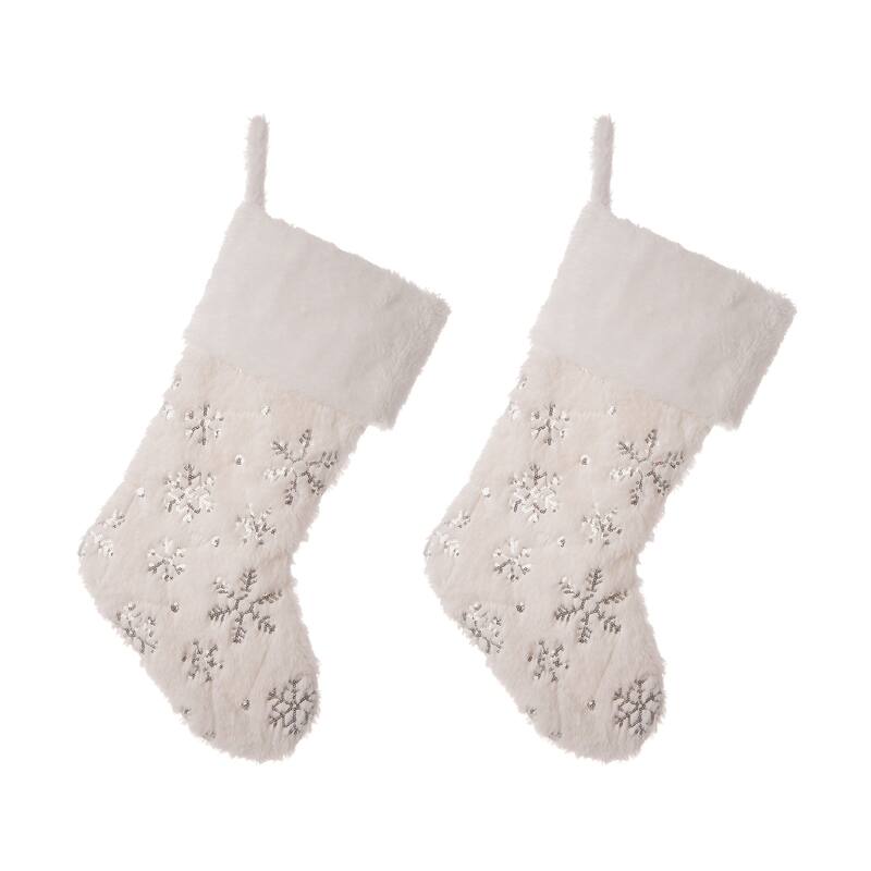 Glitzhome White Plush with Snowflake Christmas Stocking - 21"L - 2 PK White Plush