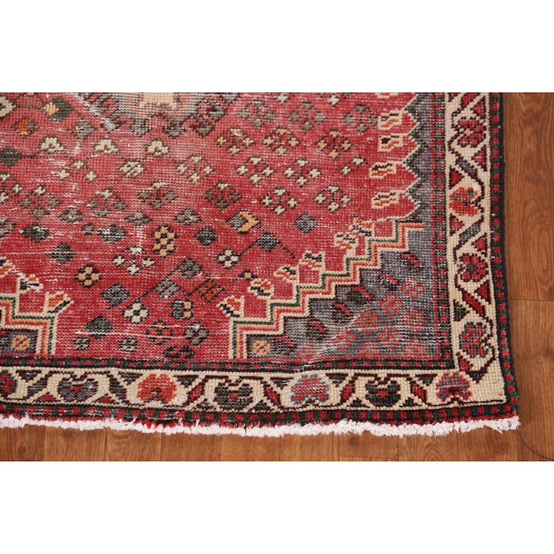 Hand Knotted Oriental 100% Wool Carpet Traditional Tribal Red Shiraz Runner Rug - 9' 4'' X 3' 5''