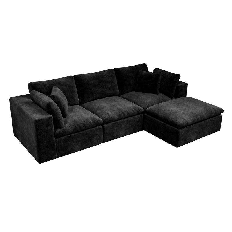 L-Shaped Modular Sectional Sofa with Ottoman, Comfy Plush Corduroy Deep Seat Cloud Couch, Compressed Sofa with Pillows