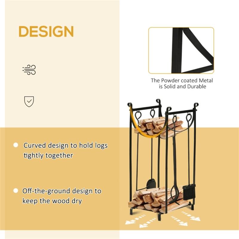 Black Steel Firewood Rack with Tools and Tall Multi-Tier Storage - 14.5" L x 13.75" W x 30.25" H