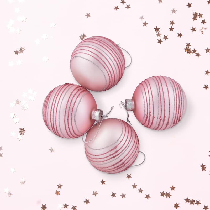 Glitter Striped Glass Christmas Ball Ornaments - 3" (80mm) - Pink - 4ct