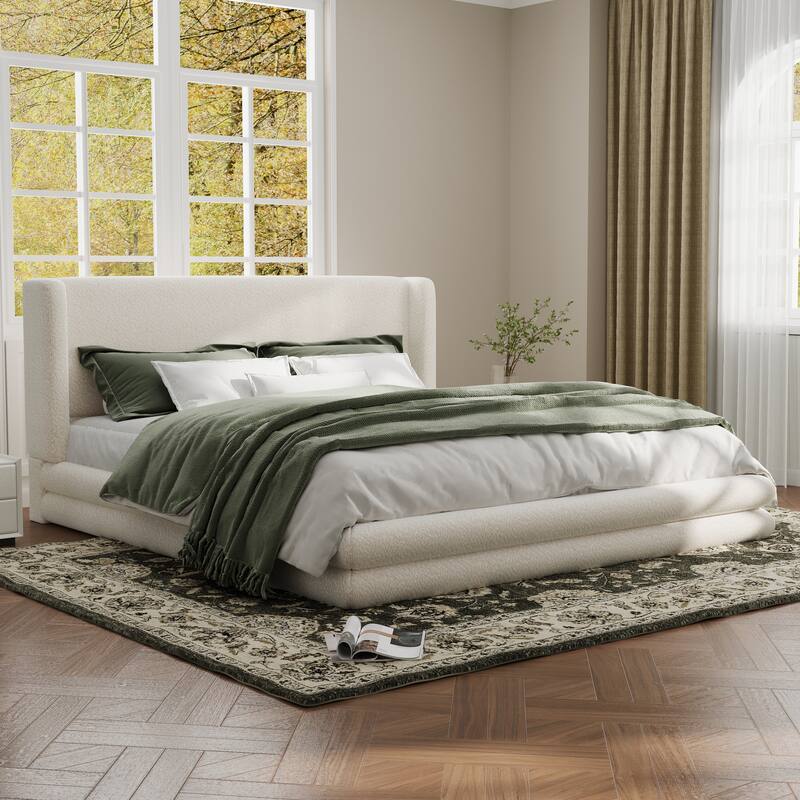 Christopher Knight Home - Arlette Modern Boucle Upholstered Bed Frame with Thick Wingback Headboard - White - King