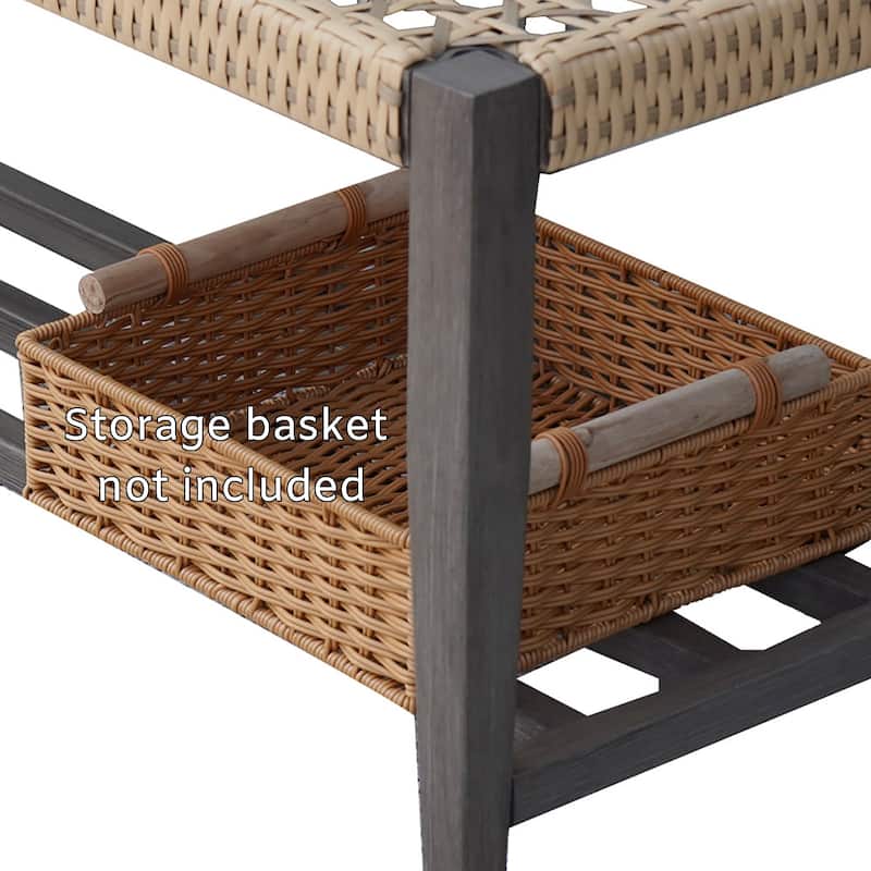 Outdoor Wicker Bench with Rack In Full Iron Frame With Woodgrain