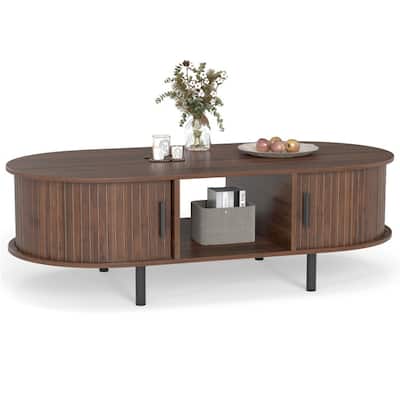 48 Inch Modern Walnut Coffee Table with Open Shelf and Sliding Doors for Living Room Decor - 48" x 24" x 16"