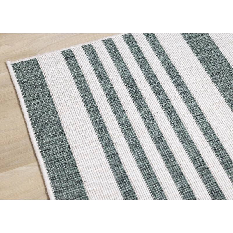 Green Cream Reversible Stripes Indoor/Outdoor Area Rug