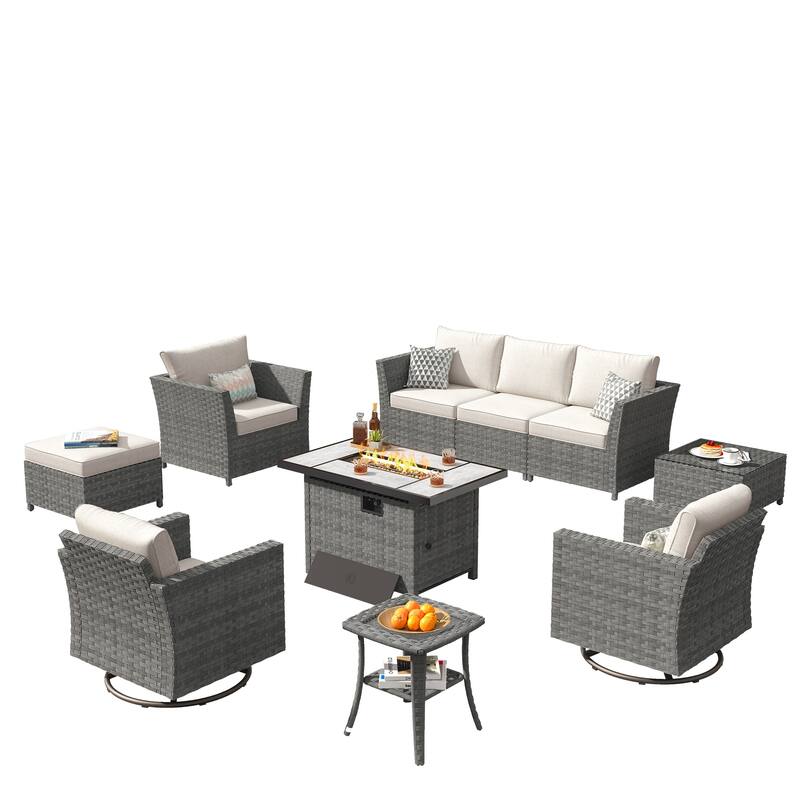 XIZZI 10-piece Outdoor Furniture Set Swivel Rocking Chair with Fire Pit