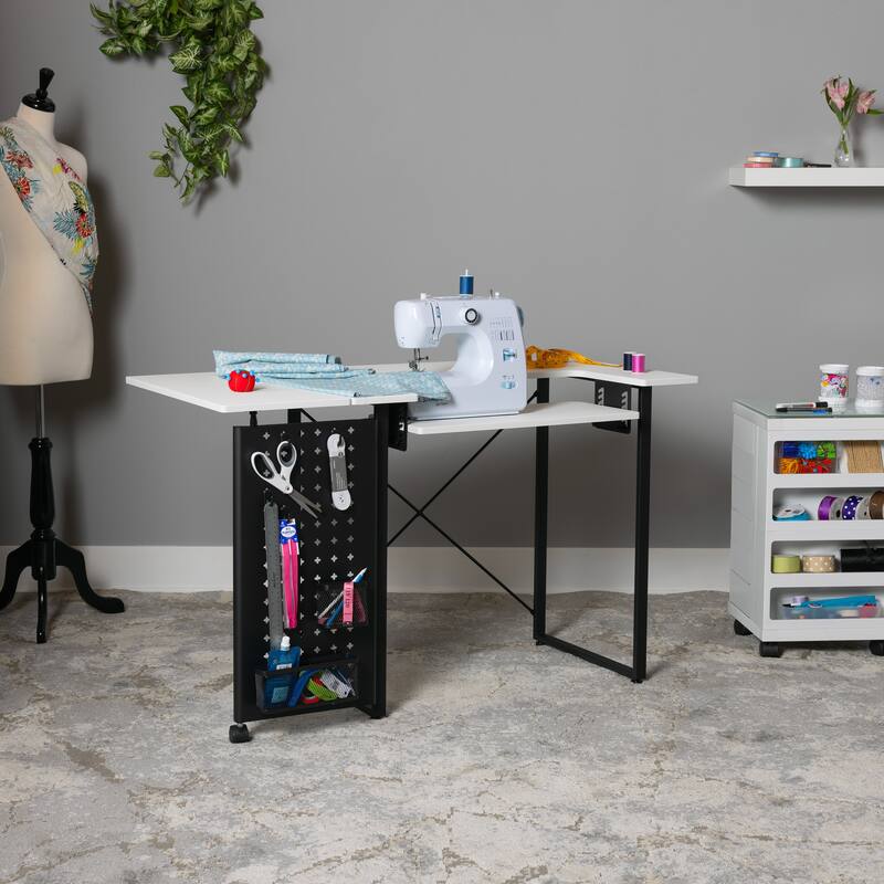 Sew Ready Pivot Sewing Table with Folding Top Adjustable Platform and Storage Peg Panel
