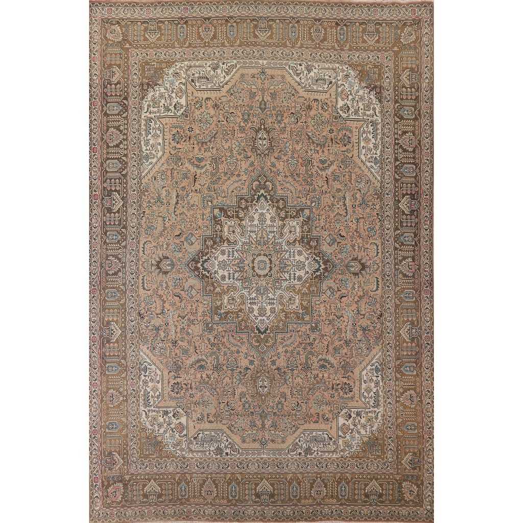 Pink Geometric Tabriz Persian Vintage Area Rug Handmade Wool Carpet - 9'10" x 13'0"