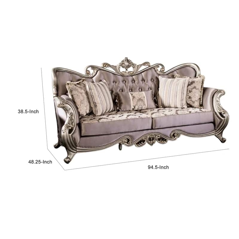 Aboi Sofa, 5 Accent Pillows, Purple Velvet, Carved Details, 95 Inch