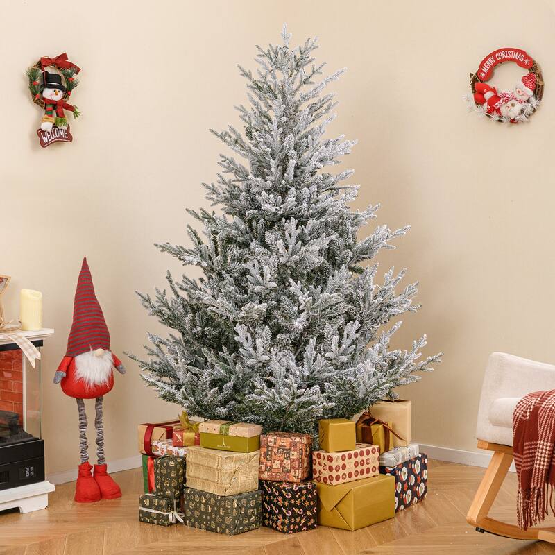 Costway 6/7/8 FT Artificial Christmas Tree with 762/1074/1470 Flocked - See Details - White & Green