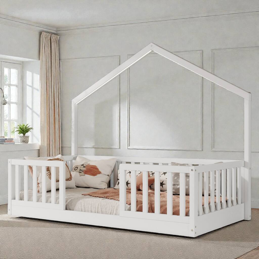 Wood Floor Bed with High Guardrails and LED Light, Montessori Style Low Profile Bed for Kids