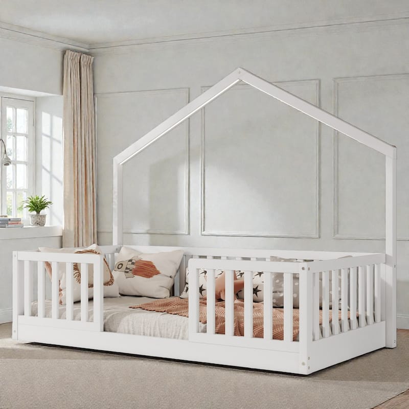 Wood Floor Bed with High Guardrails and LED Light, Montessori Style Low Profile Bed for Kids - White - Twin