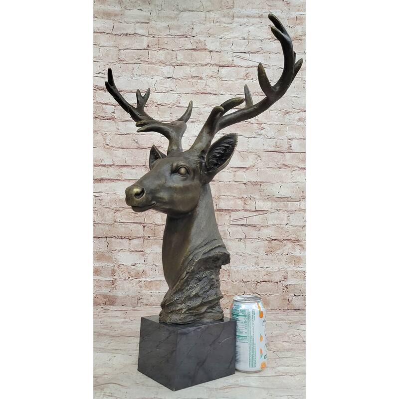 Stag Buck Deer Elk Head Bust Bronze Sculpture Statue On Marble Base
