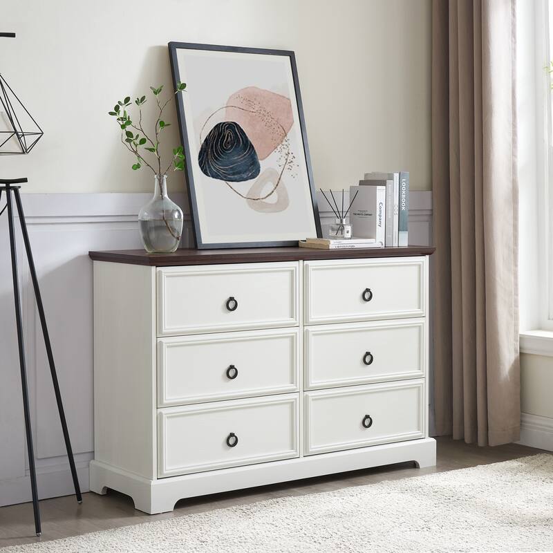 White Modern Farmhouse 6-Drawer Chest, Elegant Bedroom Dresser