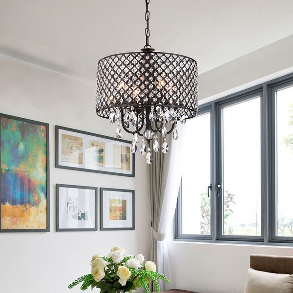 Black 4 Light Round Beaded Drum Chandelier with Crystals Hanging On Sale Bed Bath Beyond 34029748