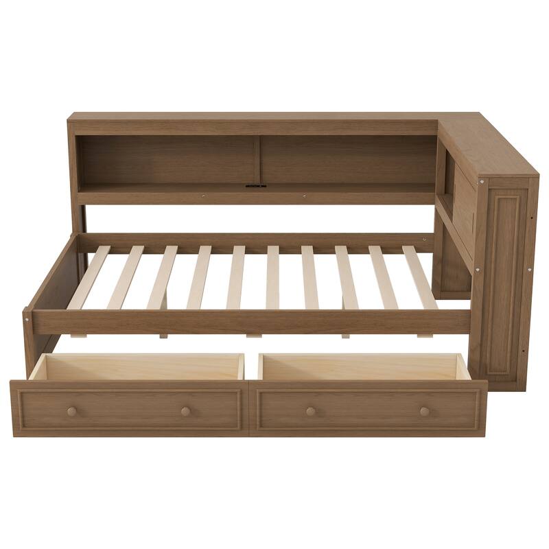 Full Size Wood Daybed with Storage Shelves, 2 Drawers, USB Ports & LED Lighting