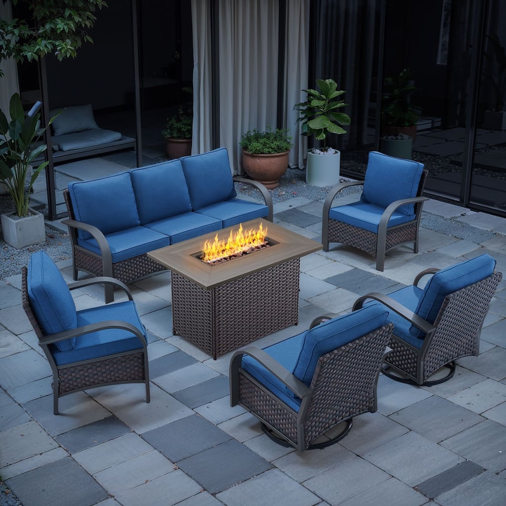 Outside Fire Pit Table with Sofa Funiture Set - Blue cushion - Brown