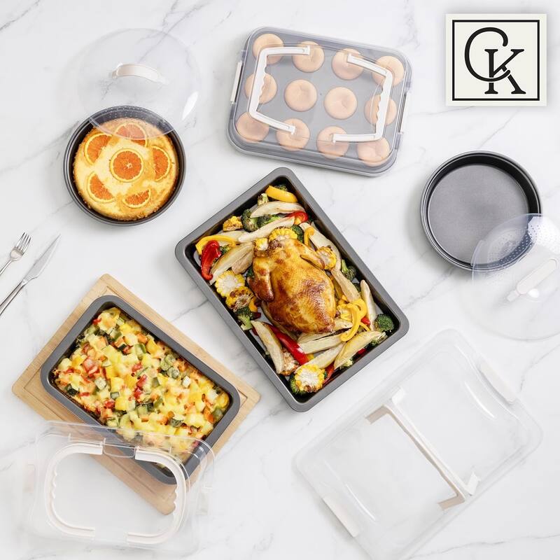 Country Kitchen Baking Pans Set 10 Piece Non-Stick Cake Pans with Carry Lids for Storage & Travel, Perfect for Parties Stackable
