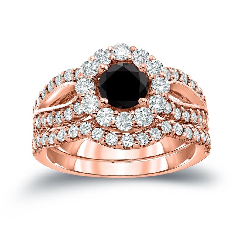 Auriya 14k Gold 2 1/3ctw Halo Black Diamond Engagement Ring Set - 4 - Rose