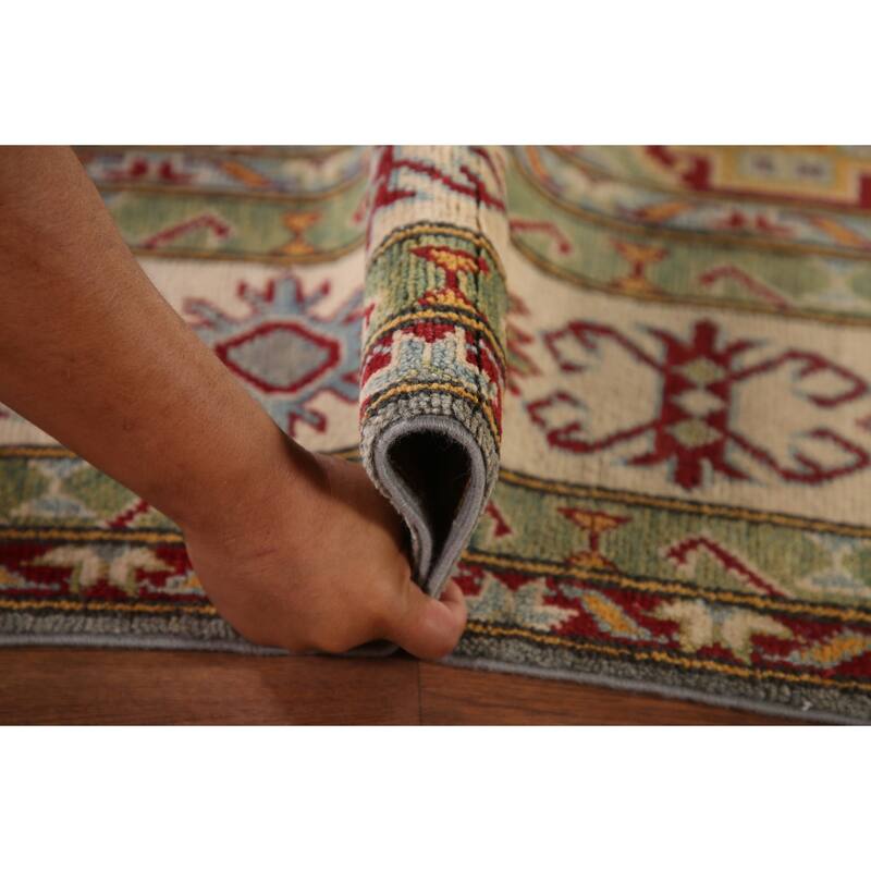 Gray Geometric Kazak Area Rug Handmade Wool Carpet - 6'6" x 9'9"