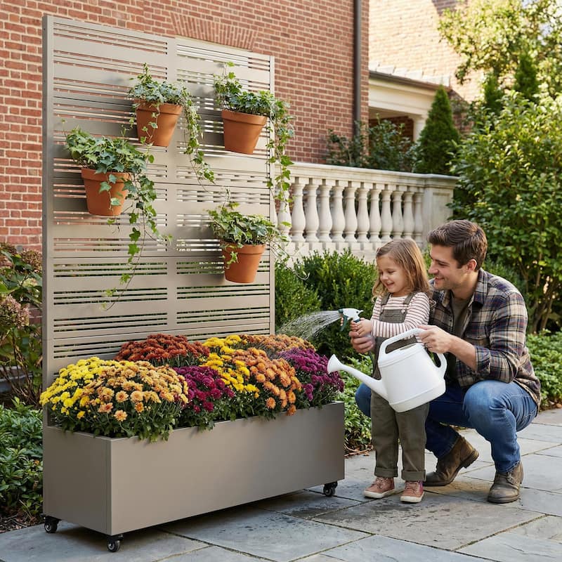 Outdoor Metal Galvanized Privacy Screen Planter Box with Trellis Lockable Wheels