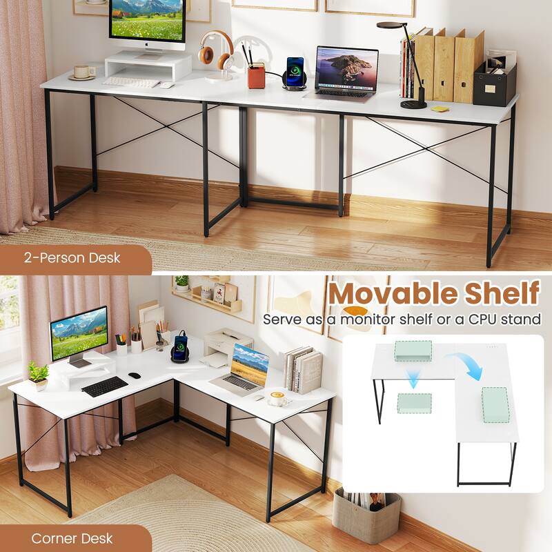 White Reversible Workstation Desk with Steel Frame Monitor Display Shelf and Stable Adjustable Feet