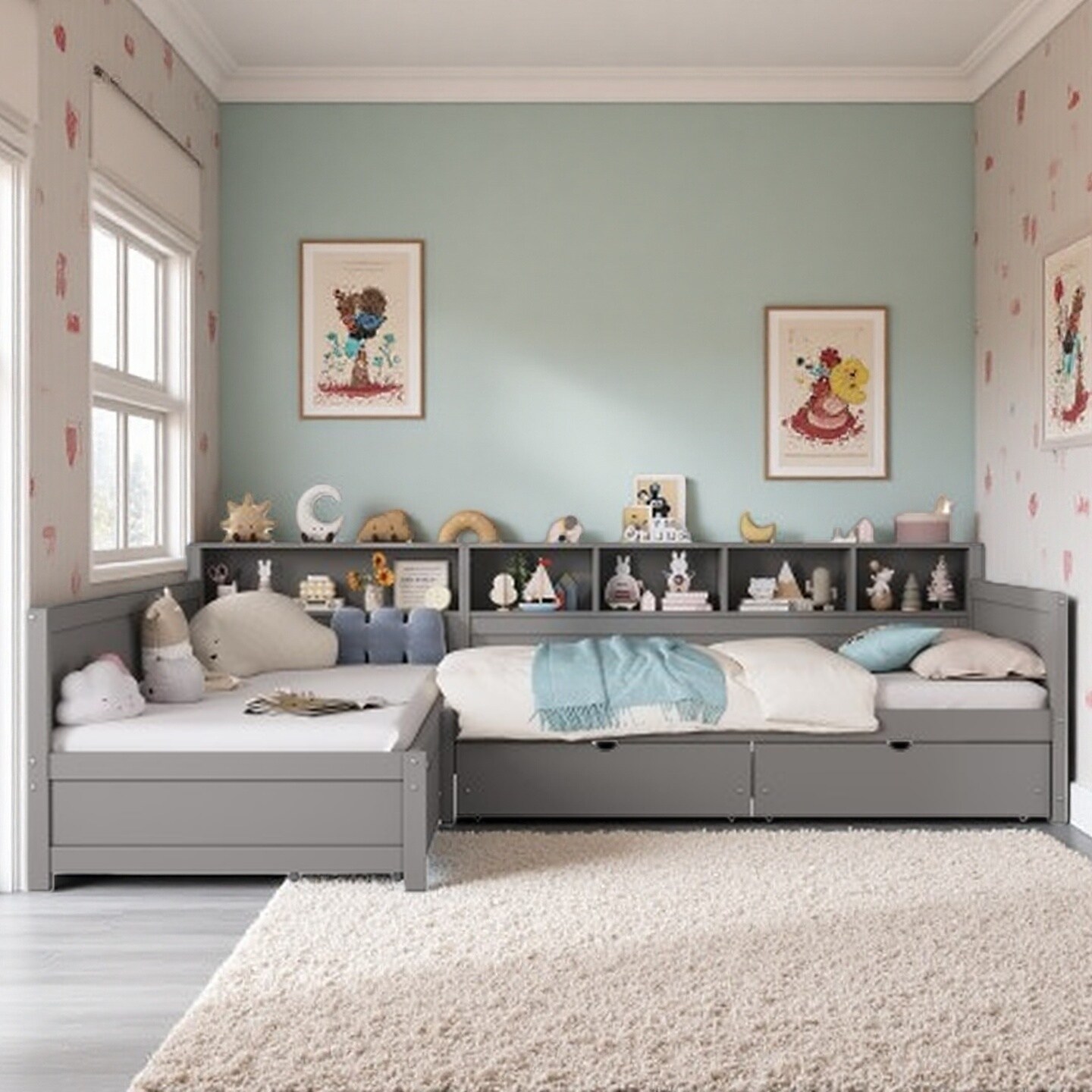 Twin L-Shaped Wooden Daybed with Dual Sleeping Spaces, Corner Bed Frame with 3 Storage Drawers and Built-In Bookshelf