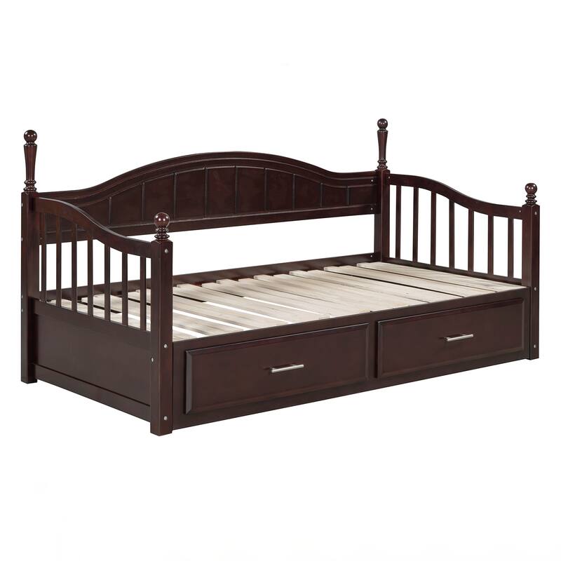 Wooden Twin Size Daybed with Twin Size Trundle, Extendable Daybed with Two Storage Drawers
