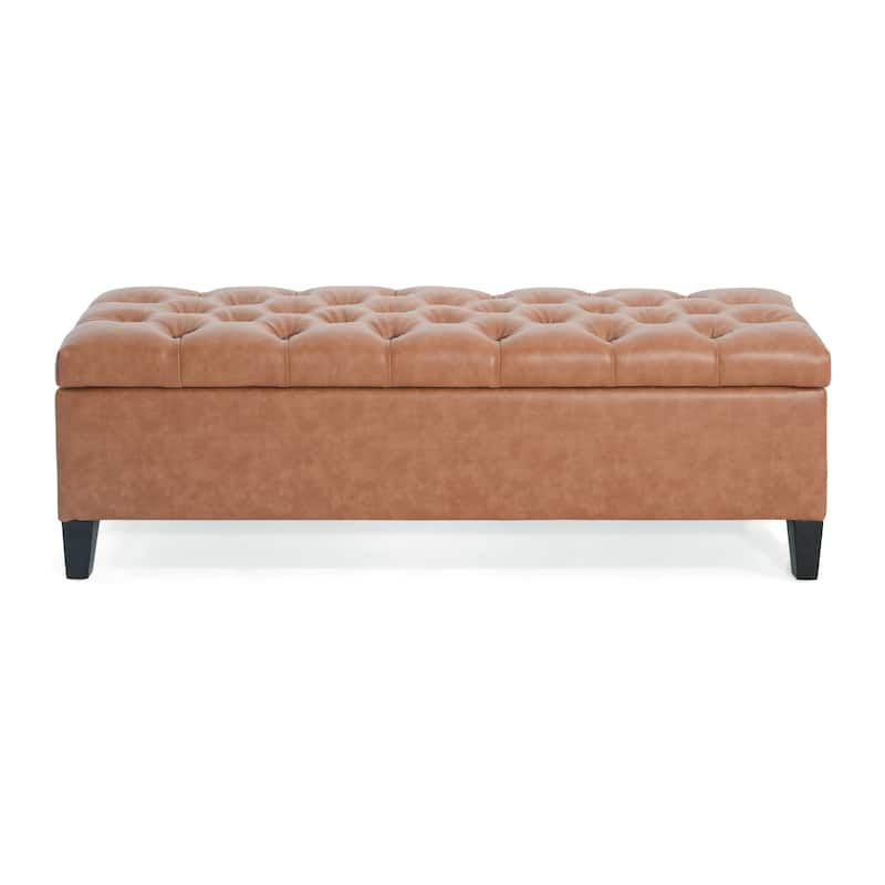 Button-Tufted PU Storage Ottoman - Cognac Brown Upholstered Accent Piece