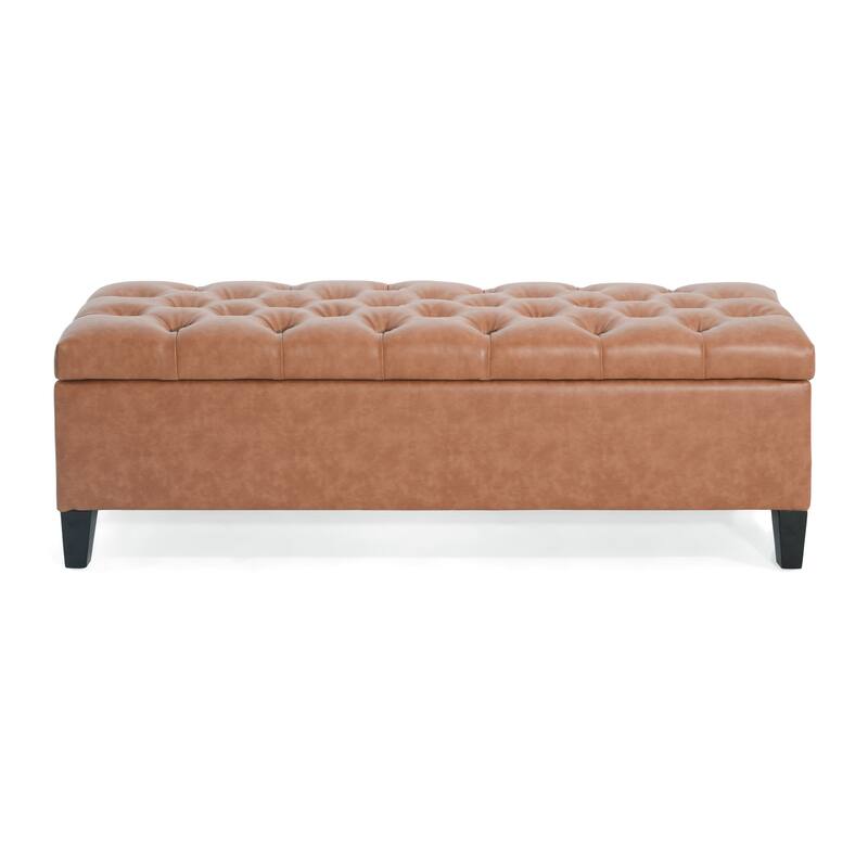 PU Leather Button-Tufted Storage Ottoman with Birch Wood Legs