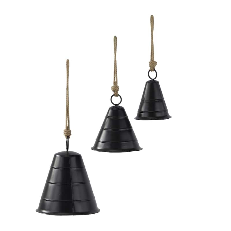 Metal Tibetan Inspired Decorative Cow Bells with Jute Hanging Rope - Set of 3 Black or Bronze - Roche River Decor