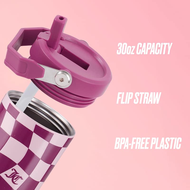Juicy Couture Flip & Sip Hydration Stainless Steel Screw Top Tumbler with Flip Straw and Carry Handle