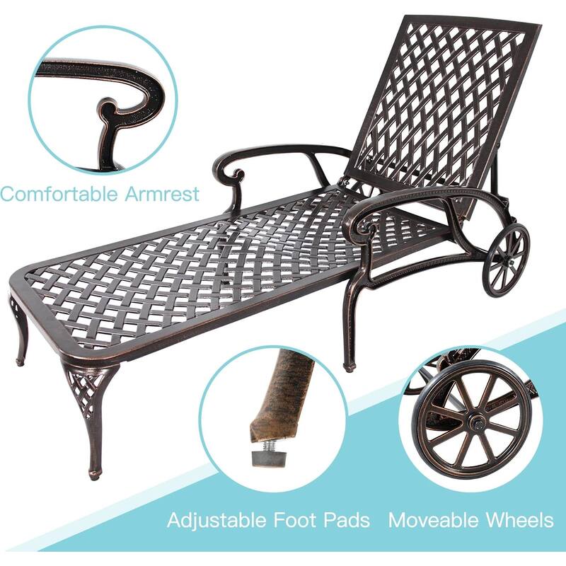 HOMEFUN Aluminum Outdoor Waterproof Chaise Lounge Chair with Adjustable Backrest and Wheels