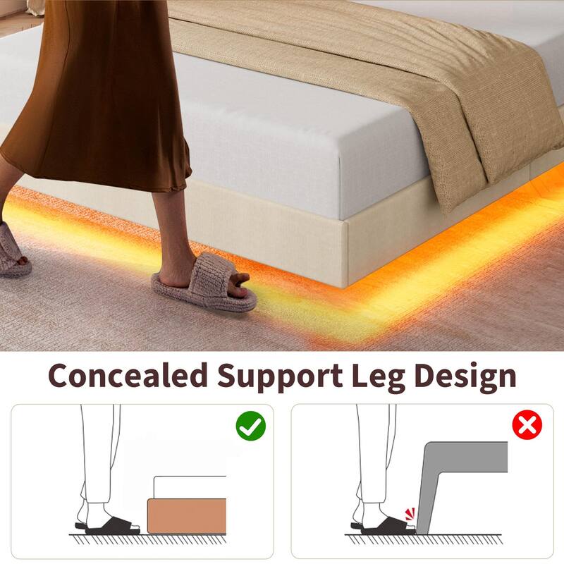 Full/Queen Floating Bed Frame with LED Lights & Charging Station, Upholstered Platform Beds with Storage Headboard