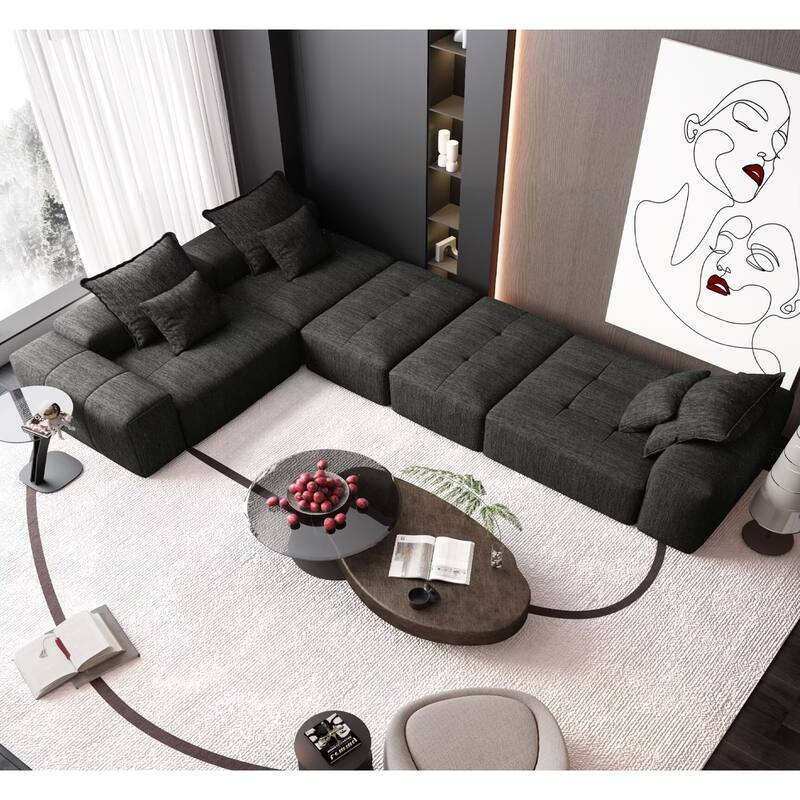 Oversized Modular Sectional Sofa,Sparkling Chenille Fabric,DIY Sofa - 2-Ottoman+2-Seater+1-Chaise+1-Amrest - Black