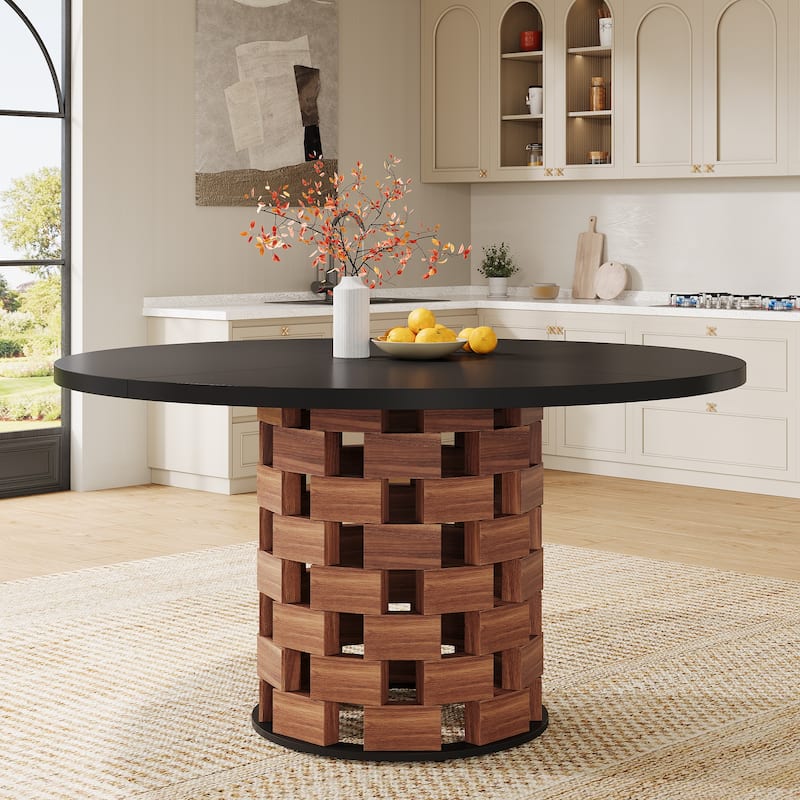 47-Inch Round Dining Table for 4, Farmhouse Kitchen Table - Black and Brown
