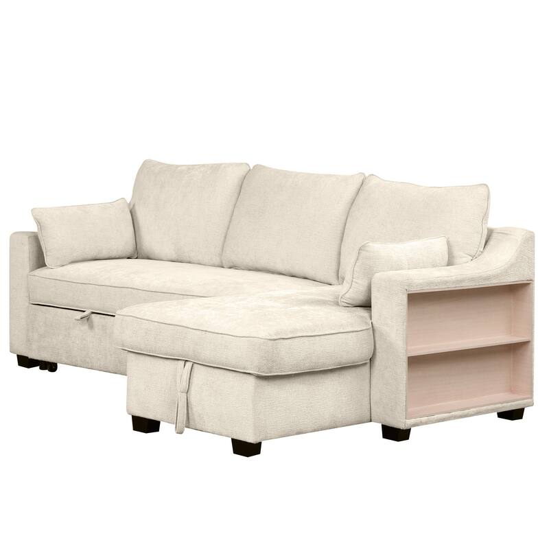 90" Convertible Sleeper Sofa with Storage Chaise, USB Ports, Storage Racks for Compact Spaces