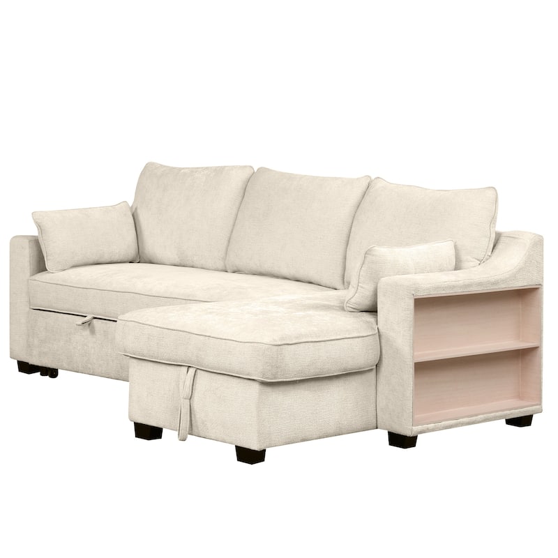 Convertible L-Shaped Sofa Bed with Storage Chaise, USB Charging & Shelves