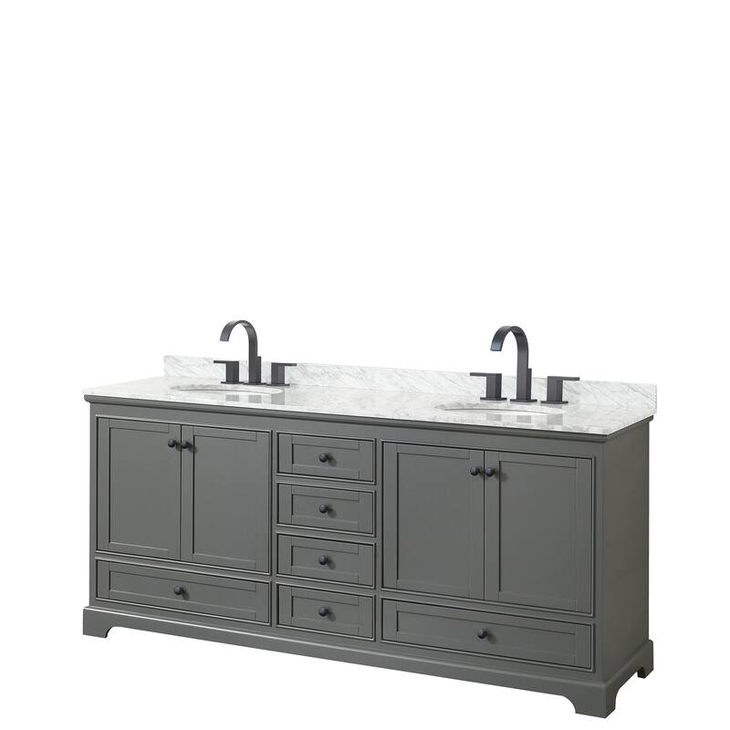 Deborah 80-inch Dark Gray Double Vanity, Oval Sinks, No Mirrors - Dark Gray, Black Trim, White Carrara Marble Top