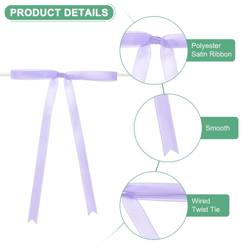 50-Pack Satin Ribbon Twist Tie Bows 7x5" Bow Twist for Gifts - Light Purple