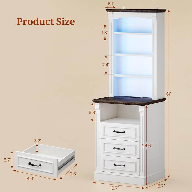 61" Tall Nightstand with 3 Drawers Charging Station LED Light 3 Adjustable Shelves